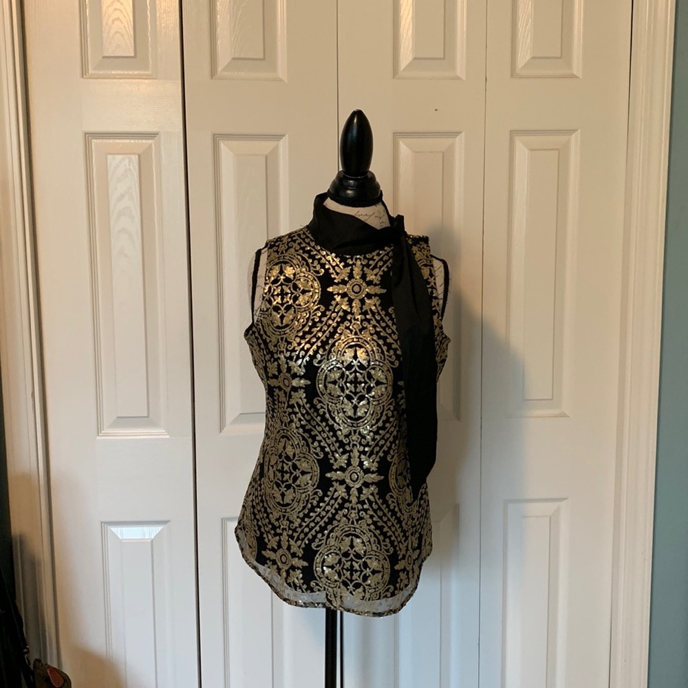 EVA MENDES BY NEW YORK AND COMPANY | Beautiful black satin and gold sequin top